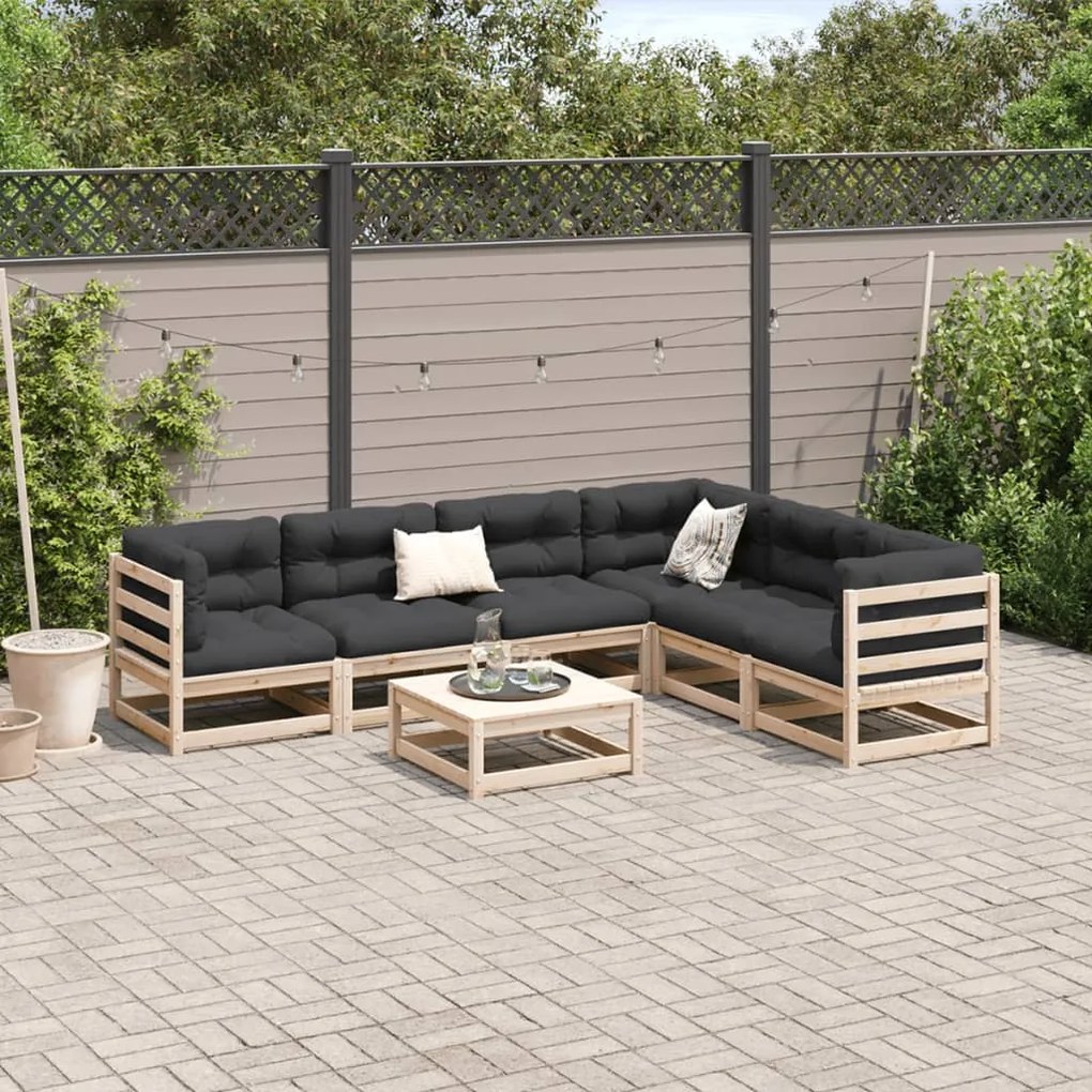 7 pcs conjunto sofás de jardim com almofadões pinho maciço