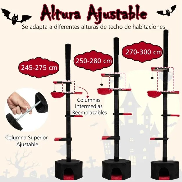 Arranhador para gatos gótico ajustável do chão ao teto de 55 x 29 x 245-300 cm Torre alta de 5 níveis com abrigo, rede e postes para arranhar Preto