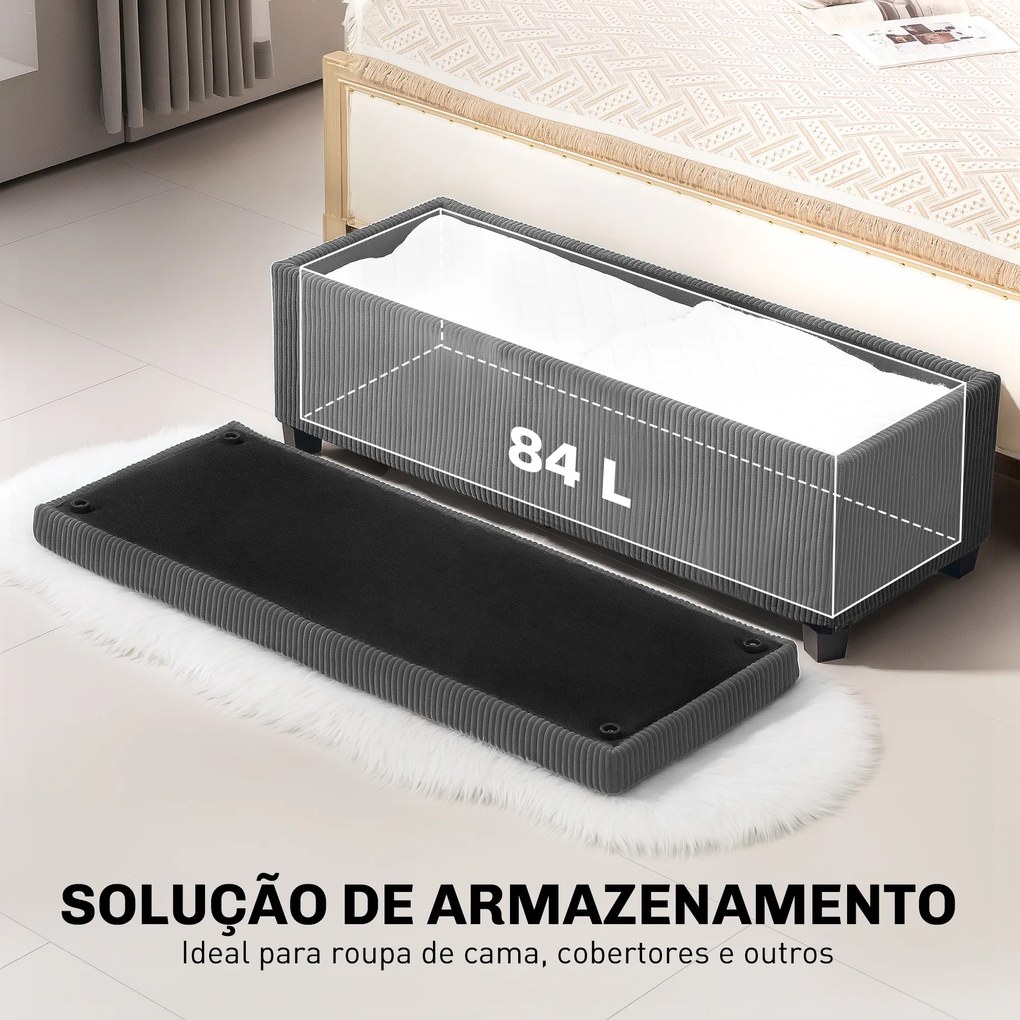 Banco de Arrumação Capacidade de 84 L Estofado em Veludo Banco Pé de Cama para Dormitório 112x42x40 cm Cinzento