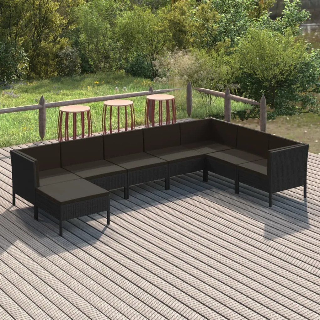 vidaXL 8 pcs conjunto lounge de jardim c/ almofadões vime PE preto