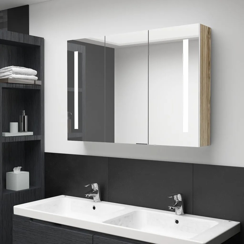vidaXL Armário espelhado casa de banho LED 89x14x62 cm branco/carvalho
