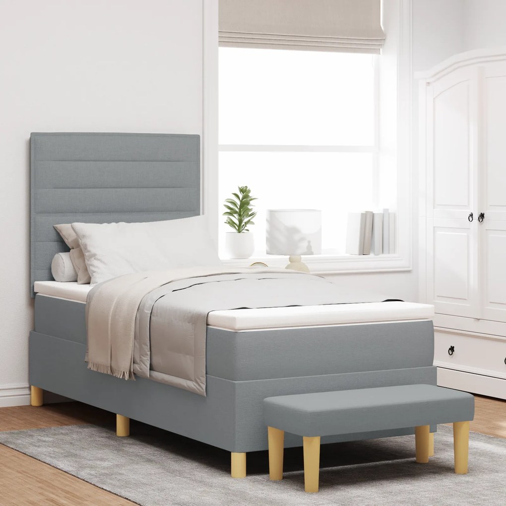 vidaXL Cama com Estrado com Colchão &amp; Banco Cinza Claro 90x200 cm Tecido