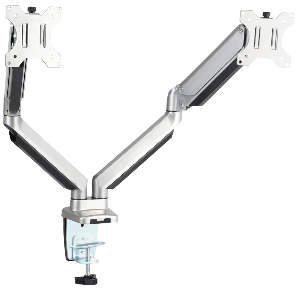 Vinsetto Suporte para Monitor Duplo para Telas LED LCD de 13"-32" Polegadas VESA 75/100mm com Braçadeira Ajustável Giratório 360° e 2 Opções de Montagem 93x11x47cm Prata