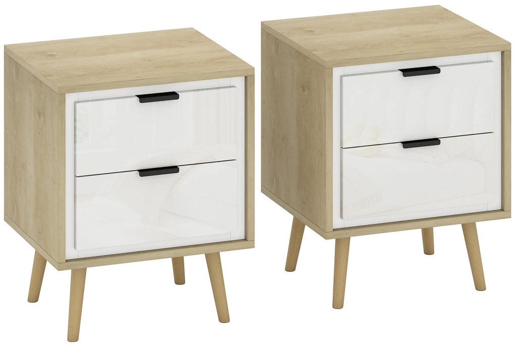 Conjunto de 2 Mesas de Cabeceira Modernas com 2 Gavetas de Deslizamento Silencioso Pés de Madeira 40x35x50 cm Branco Brilhante e Carvalho