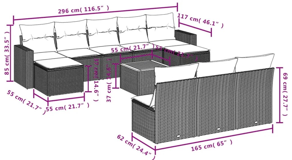 11 pcs conjunto sofás de jardim c/ almofadões vime PE cinzento