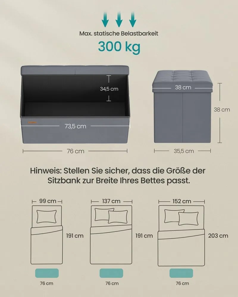 Banco com espaço de arrumação e tampa rebatível 38 x 76 x 38 cm cinzento ardósia