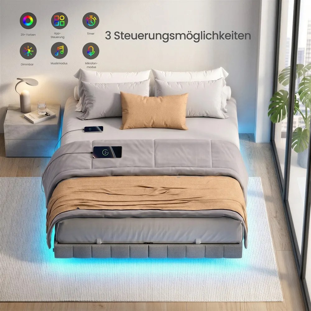 Estrutura de cama 140 x 200 cm, com iluminação LED, base de cama  (COLCHÃO NÃO INCLUIDO) Cinza