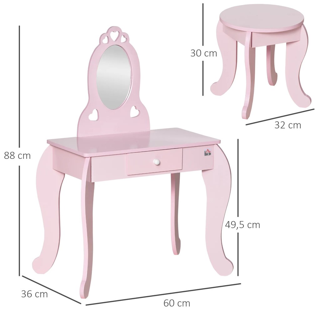 HOMCOM Toucador Infantil de Madeira para Crianças de 3-6 Anos com Banco e Espelho Estilo Princesa Mesa de Maquilhagem Infantil com Gaveta para Dormitório 60x36x88cm Rosa