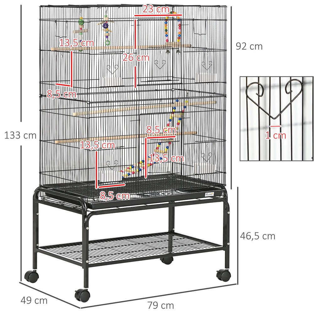 Gaiola para Pássaros com Rodas com 4 Comedouros 3 Poleiros Brinquedos Bandeja Amovível e Prateleira 79x49x133 cm Preto