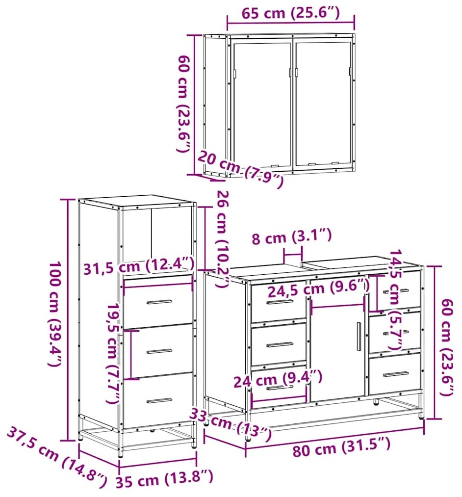 3 pcs Conjunto móveis casa de banho madeira proc. cinza sonoma