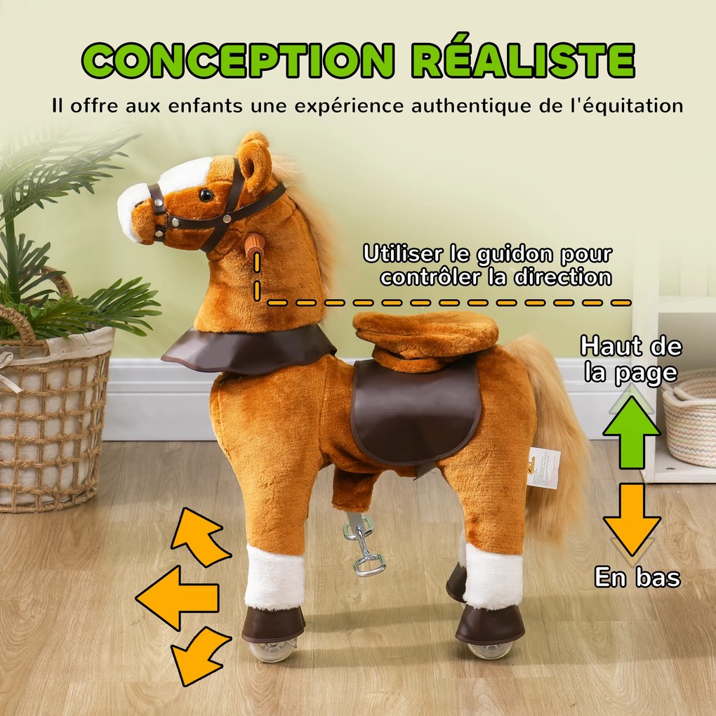 Cavalo de montar para crianças, com Rodas e sela elevada, para crianças dos 3 aos 5 anos, capacidade de 60 kg, 70 x 28 x 70 cm, castanho