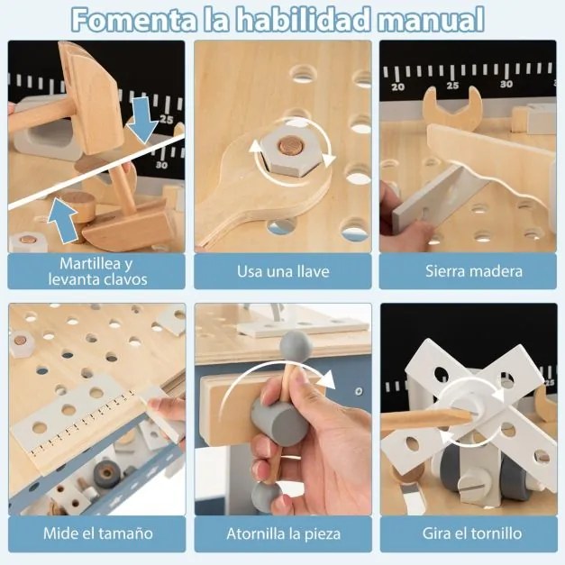 Bancada de ferramentas para crianças com 61 peças de peças de construção para oferta educativa Brinquedo de construção para 3-5 anos Azul