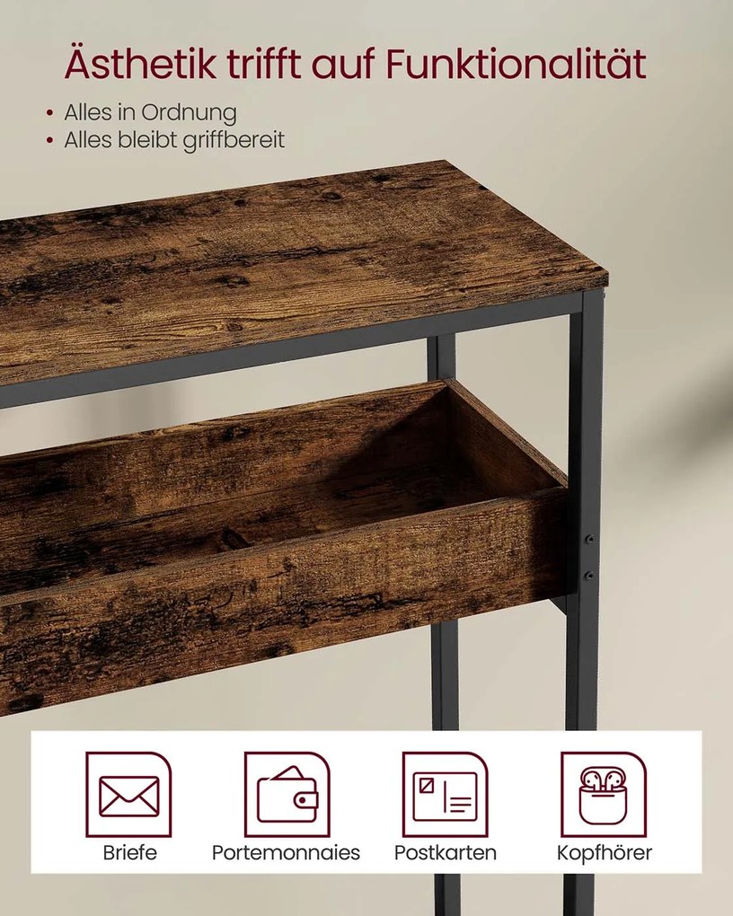 Mesa consola estreita com dois níveis e compartimentos semiabertos 24 x 100 x 80 cm Castanho vintage + Preto