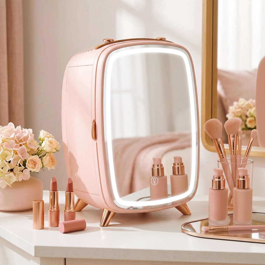 Mini Frigorífico para Cosméticos com 6 L, Porta com Espelho e Luzes LED Ajustáveis, 24,3 x 19,4 x 35,6 cm Rosa