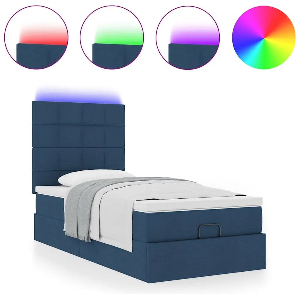 Cama Otomana com Colchão &amp; LEDs Tecido Azul 100x200 cm