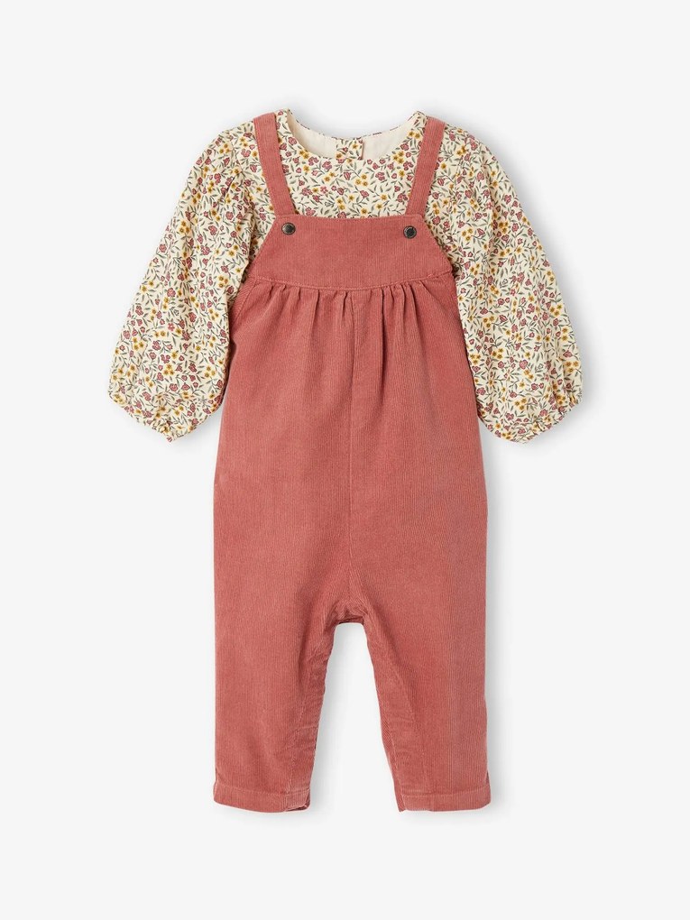 Conjunto blusa e jardineiras em bombazina, para bebé menina rosa-velho