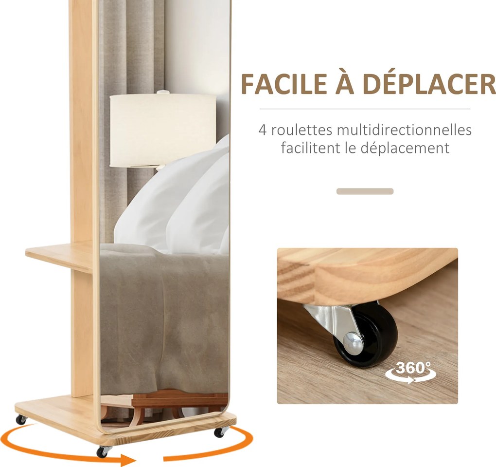 Espelho de pé com rodas 40 (L) x 44,5 (P) x 170 (A) cm Com cabides, 4 ganchos e prateleira em MDF com acabamento em madeira clara