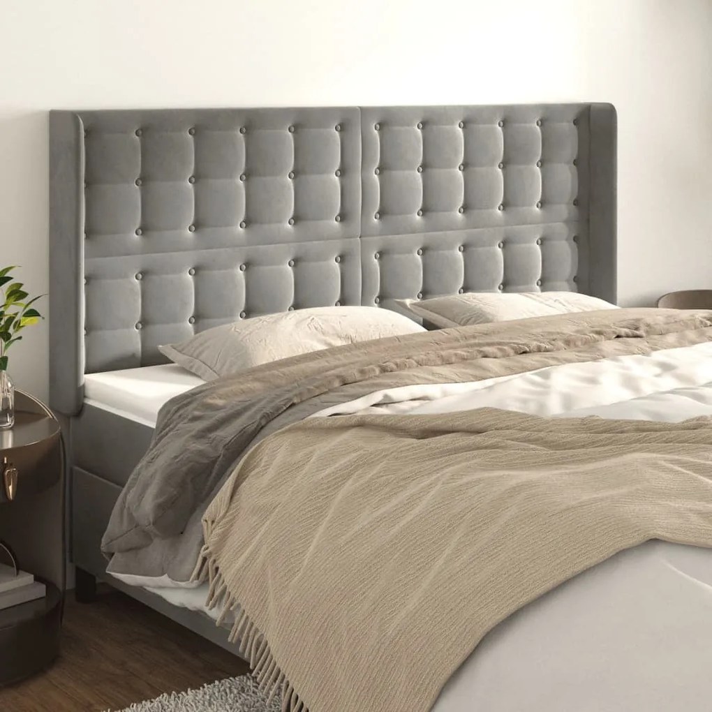 vidaXL Cabeceira cama c/ abas veludo 203x16x118/128 cm cinzento-claro