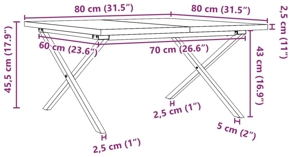 Mesa de centro estrutura em X 80x80x45,5 cm pinho/ferro fundido