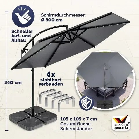 Conjunto completo de guarda-sol de 300 cm, incluindo 4 pesos e capa de proteção Antracite