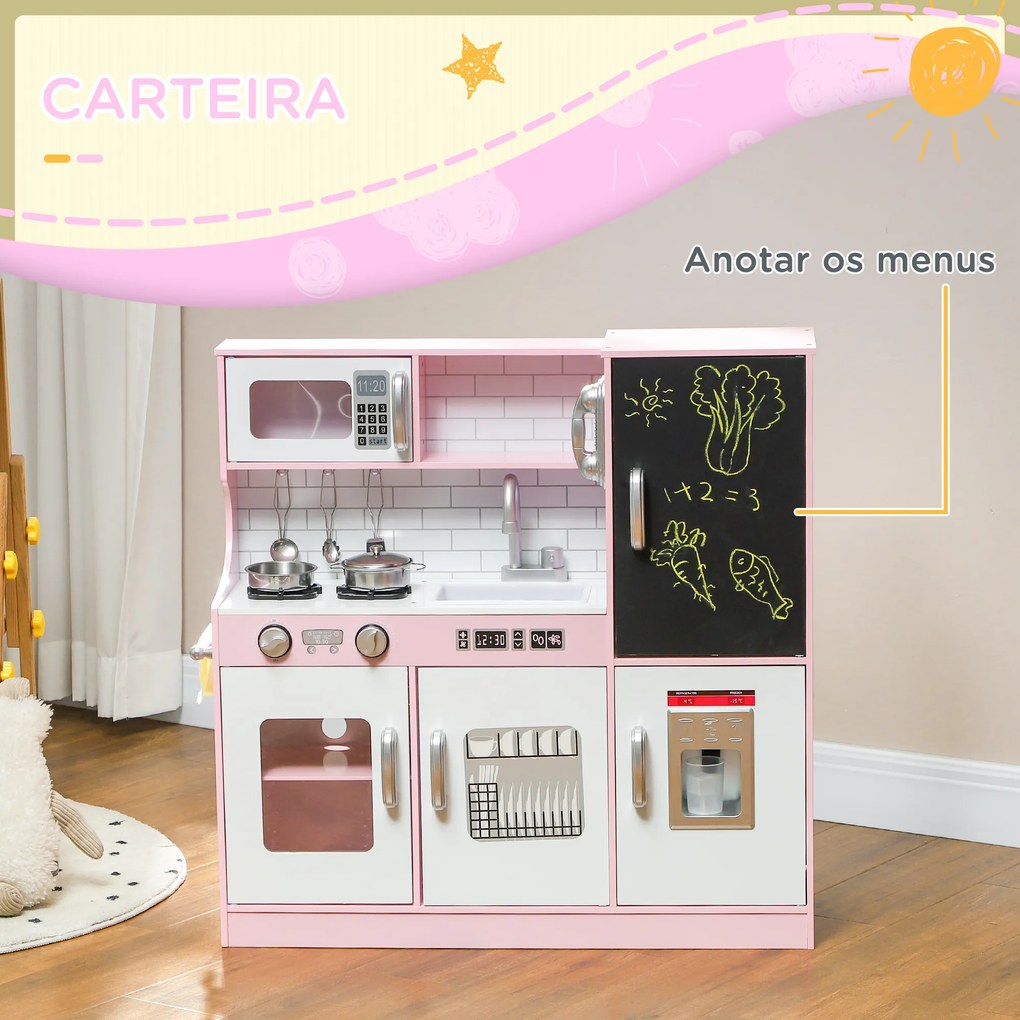 Cozinha de Brincar para Crianças acima de 3 anos Cozinha Infantil de Madeira com Acessórios Máquina de Gelo Ardósia e Telefone 83,8x26,8x81 cm Rosa