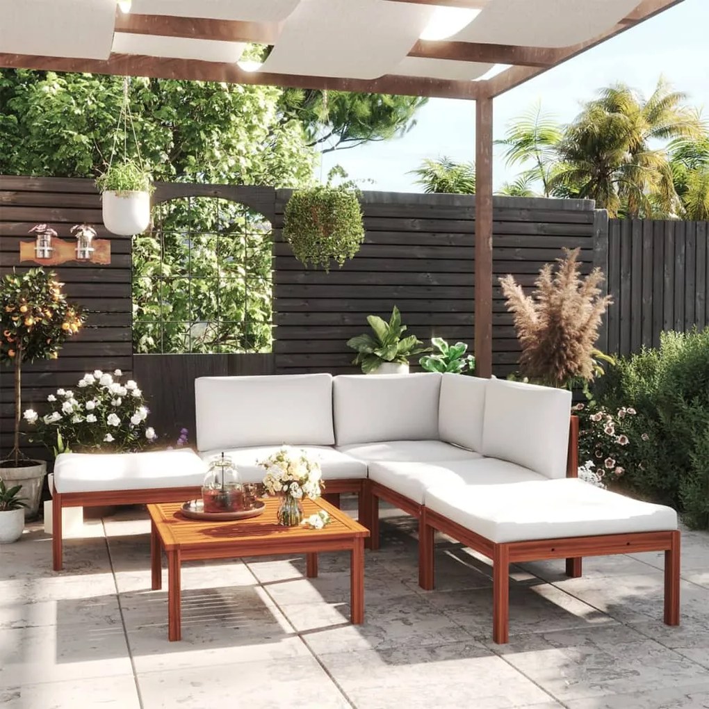 vidaXL 6 pcs conjunto lounge jardim c/ almofadões acácia maciça creme