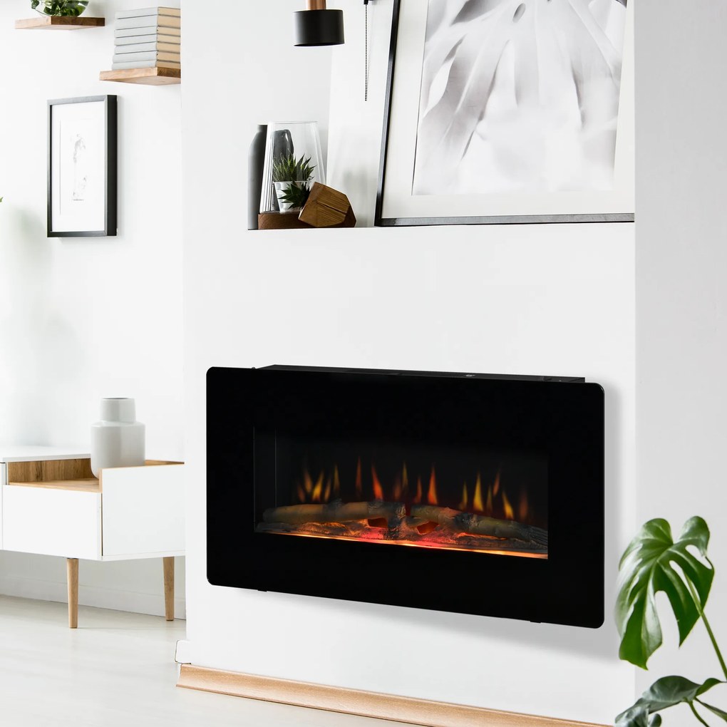 HOMCOM Lareira Elétrica de Parede 1800-2000W com Controle Remoto Simulação de Chama com Brilho Regulável Termostato e Temporizador para Salas de 30m² 91,4x11x44cm Preto