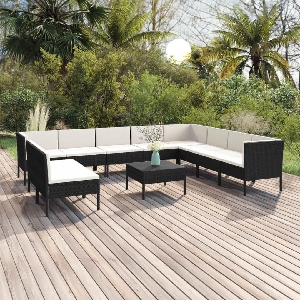vidaXL 11 pcs conjunto lounge de jardim c/ almofadões vime PE preto