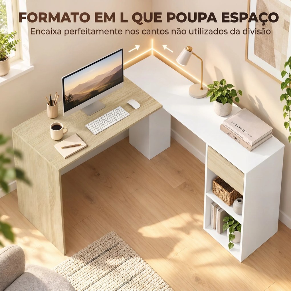 Secretária de Canto em L 120x110 cm com Gaveta e 2 Prateleiras, Branco e cor Natural