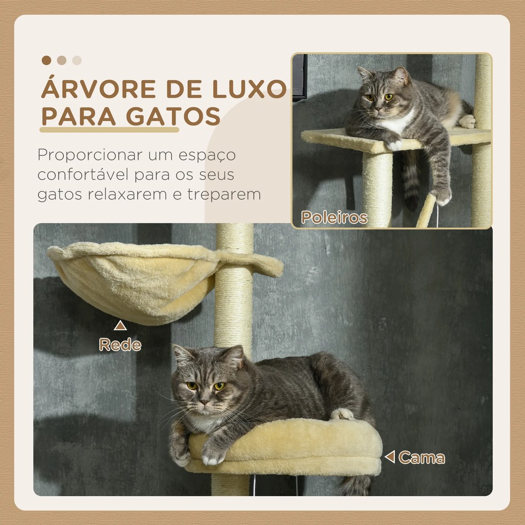 Arranhador para Gatos do Solo ao Teto de 230-250 cm  com Altura Ajustável Múltiplas Plataformas Rede Bolas Suspensas Bege