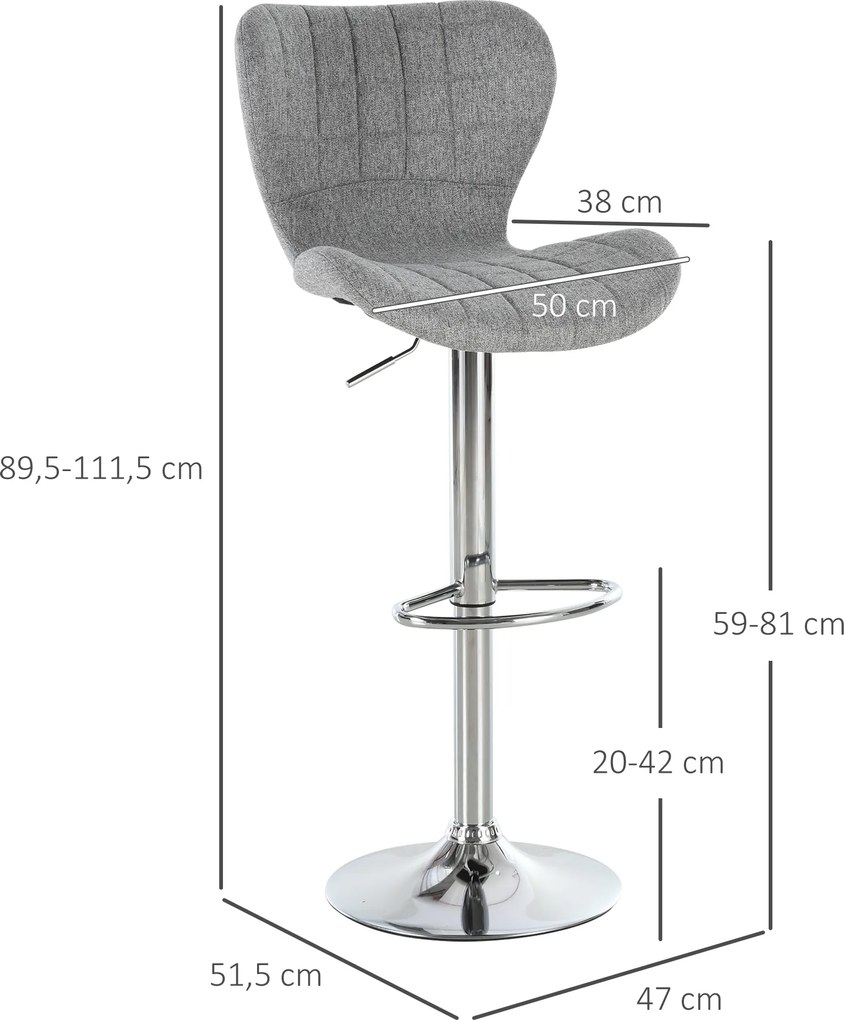 Conjunto de 2 bancos de bar, altura do assento ajustável entre 59 e 81 cm, giratórios a 360°, em linho cinzento