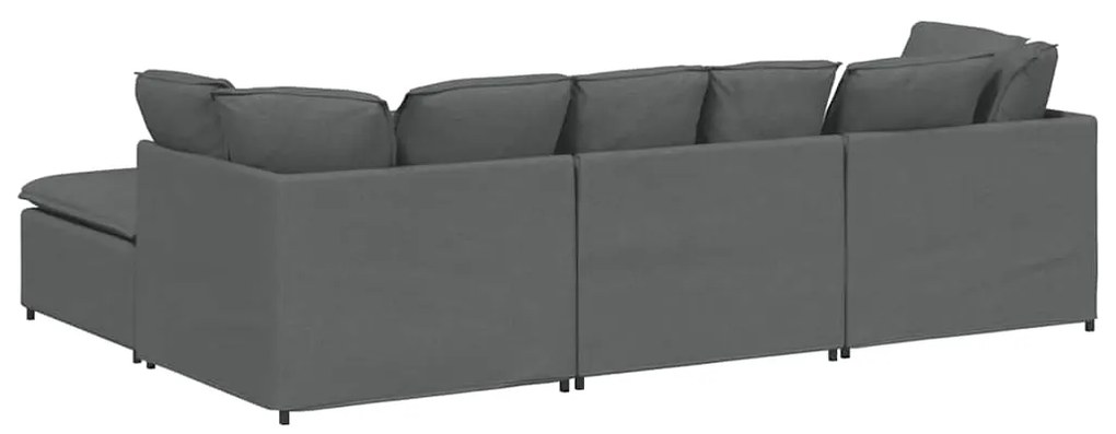Sofá modular com pufes e almofadas tecido cinzento-escuro