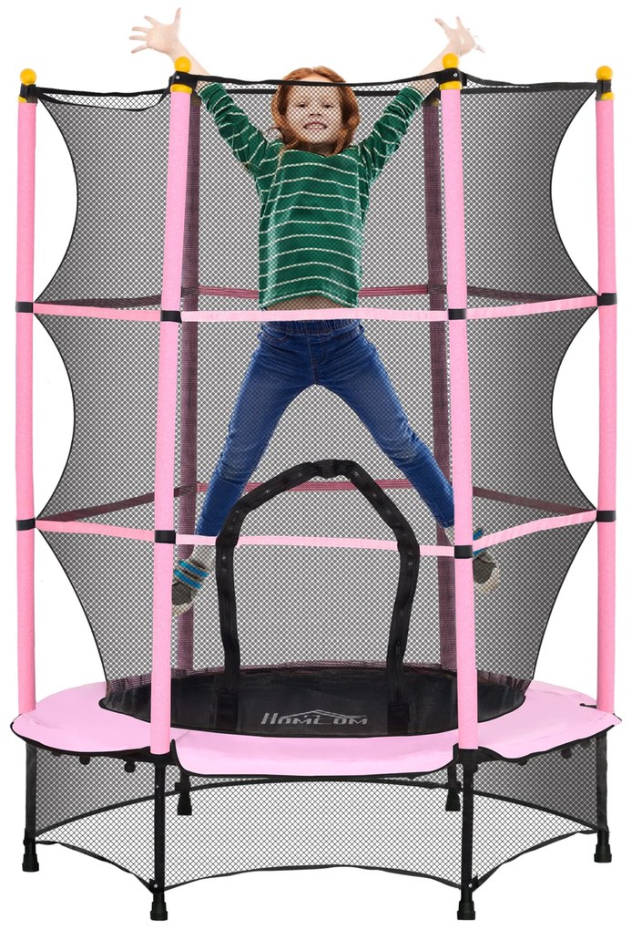 HOMCOM Trampolim para Crianças com Rede de Segurança e Estrutura de Aço para Interiores e Exteriores Carga 50kg Ø140x190 cm Rosa