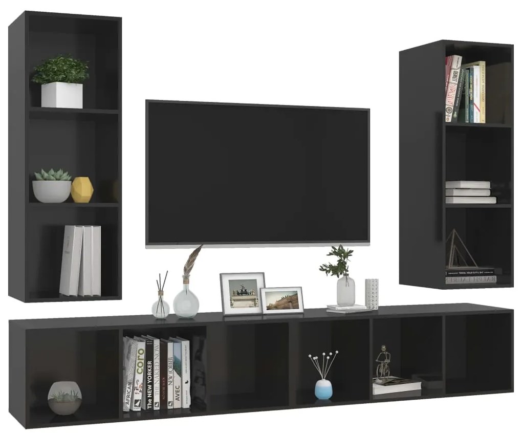 Armários de parede TV 4 pcs derivados madeira preto brilhante
