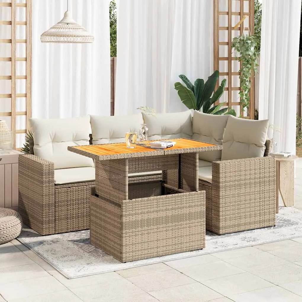 vidaXL 5 pcs conjunto de sofás p/ jardim com almofadões vime PE bege