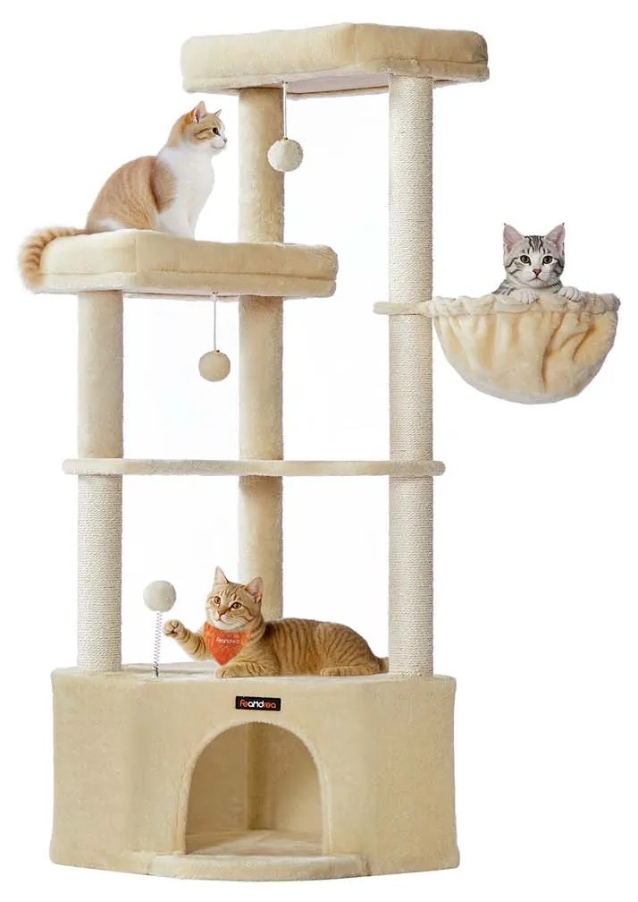Arranhador para gatos com grande cavidade e várias áreas para brincar e descansar 48,5 x 48,5 x 140,7 cm Bege
