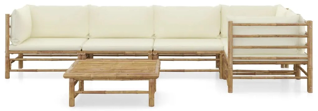 6 pcs conj. lounge p/ jardim em bambu c/ almofadões branco nata