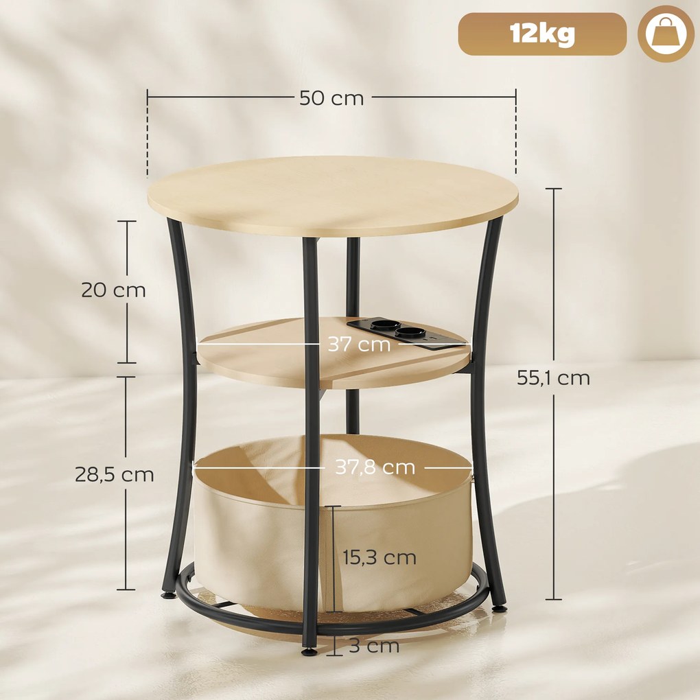 Mesa Auxiliar Redonda de 3 Níveis com Estação de Carregamento Mesa Auxiliar Industrial com 2 Prateleiras Abertas Ø50x55,1 cm Madeira e Preto