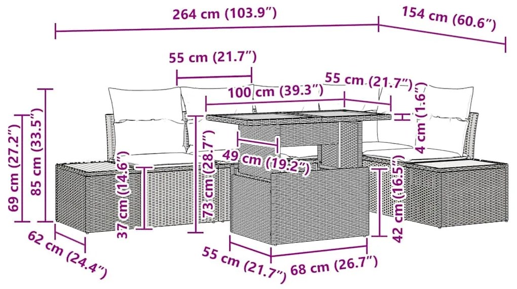 Conjunto de Jantar para Jardim com 6 Peças e Almofadas Pretas de Ratta