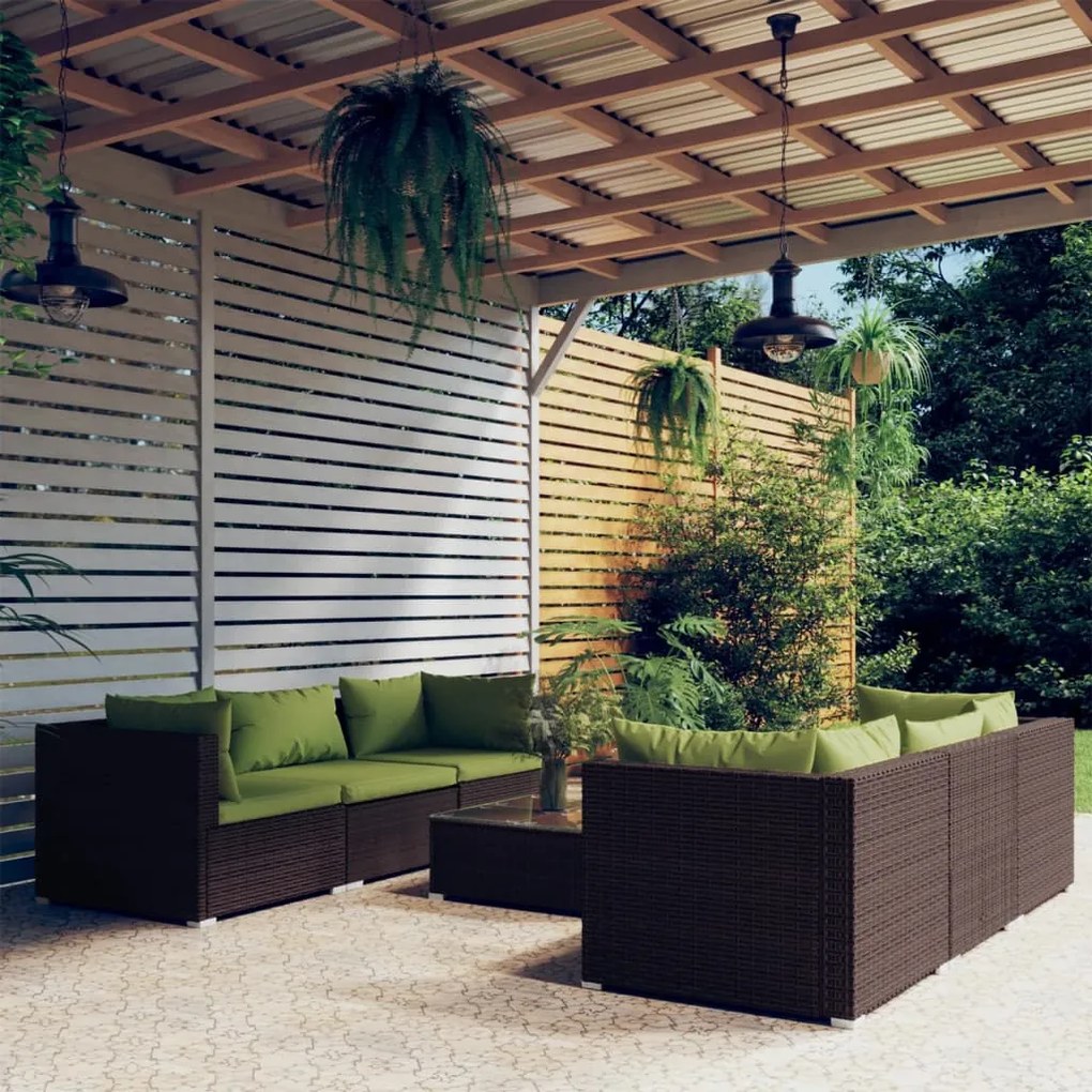 vidaXL 7 pcs conjunto lounge jardim c/ almofadões vime PE castanho