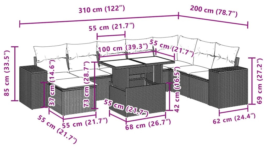 9 pcs conjunto de sofás p/ jardim com almofadões vime PE bege