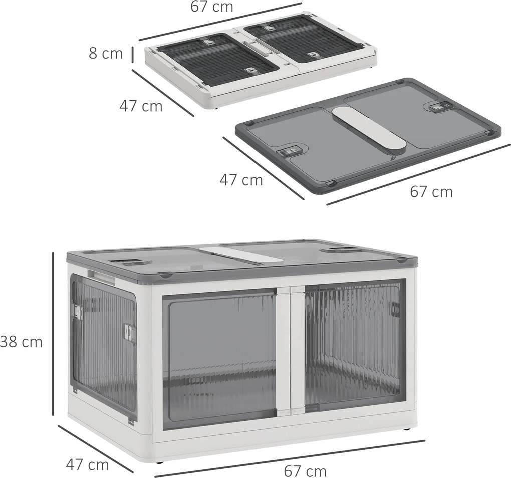 Caixa de arrumação dobrável e empilhável de 99 L em plástico 67 x 47 x 38 cm, com tampa e 4 Rodas, acesso pelos 5 lados, branca