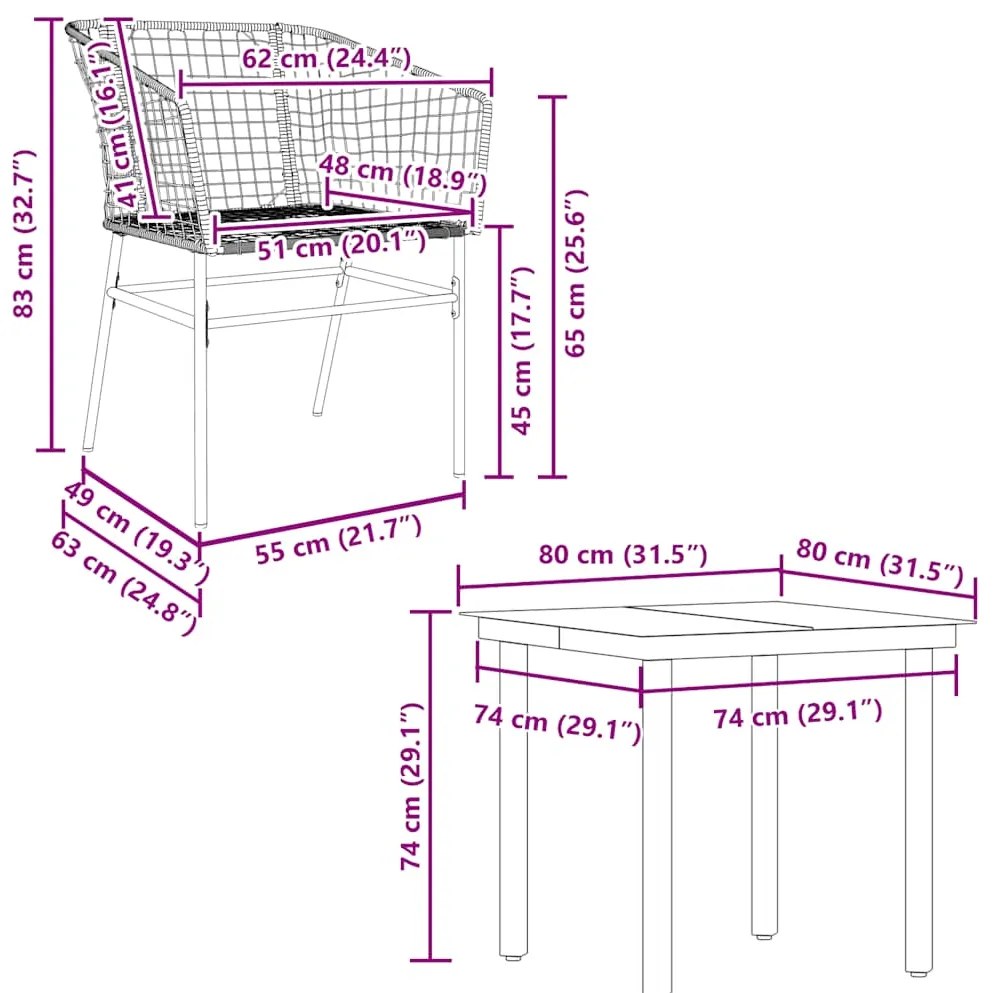 Conjunto de jantar jardim 5 peças vidro vime PE preto