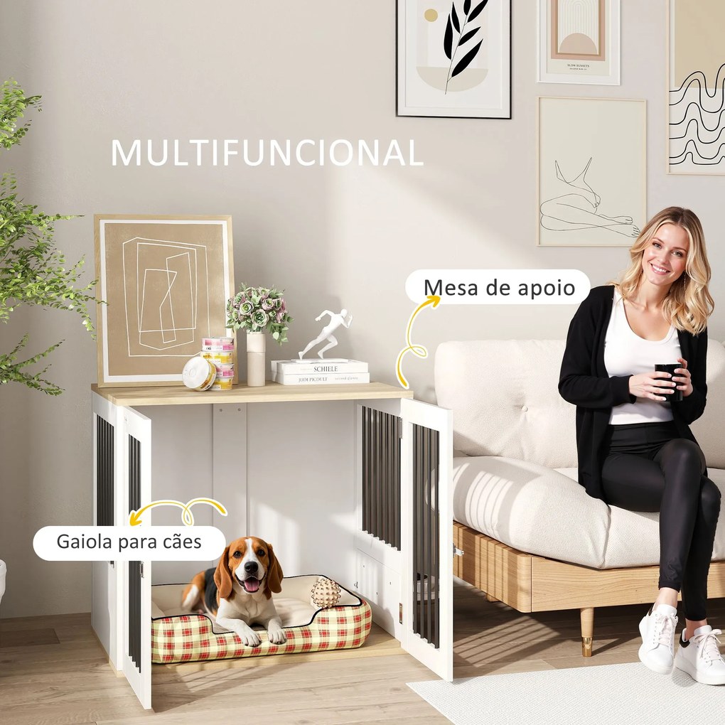 PawHut Gaiola para Cães Médios 2 em 1 Mesa Auxiliar com 2 Portas com T