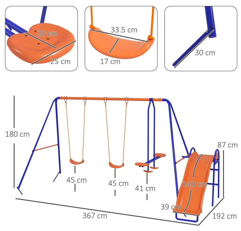 Baloiço Infantil 4 em 1 para Exterior – 367x192x180 cm – 2 Baloiços In