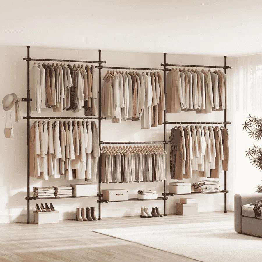 Guarda roupa 33,5 x (240-353) x (208-310) cm com Barras telescópicas com 6 barras e 3 prateleiras em preto