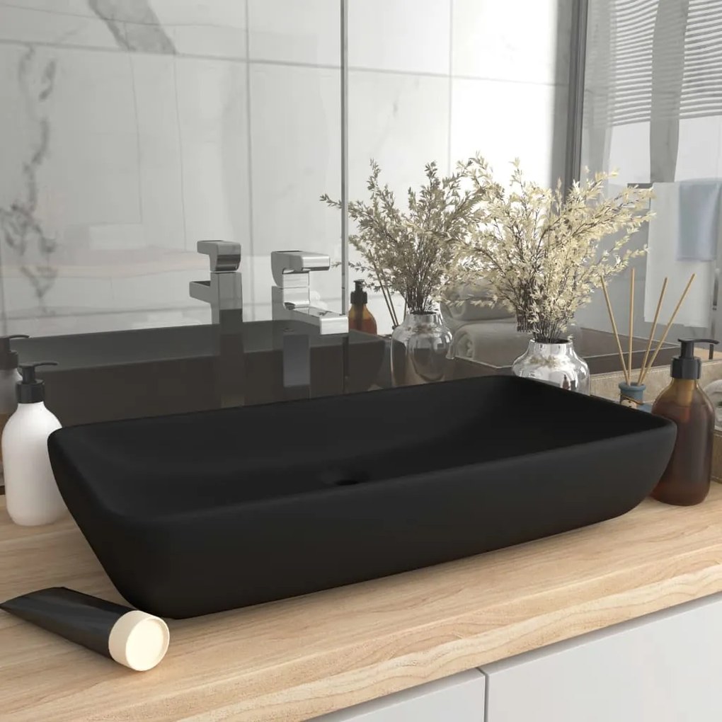146964 vidaXL Lavatório luxuoso retangular 71x38 cm cerâmica preto mate