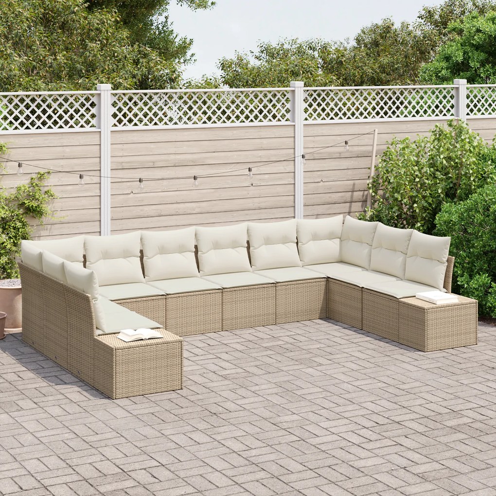 Conjunto de Sofás de Jardim de 10 Peças com Almofadas Bege de Rattan P