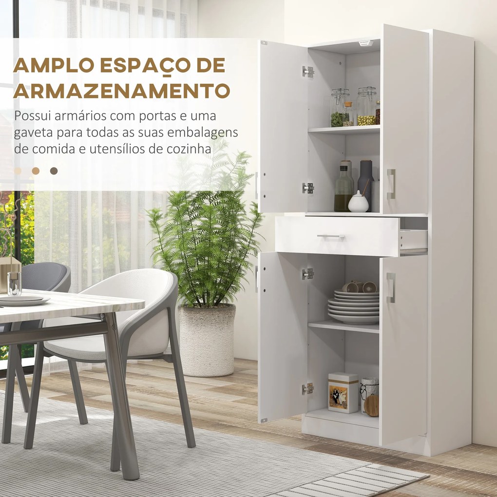HOMCOM Armário de Cozinha Móvel de Cozinha com 4 Portas 1 Gaveta e Prateleiras Ajustáveis Anti-Tombo Armário de Cozinha Moderno para Sala de Jantar Sala de Estar 70,8x34x180 cm Branco