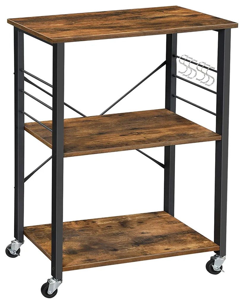 Prateleira de cozinha sobre rodas VASAGLE, carrinho de servir com 3 prateleiras, prateleira para micro-ondas, para miniforno, torradeira, estrutura de metal com 6 ganchos, design industrial, marrom rústico KKS60XV1